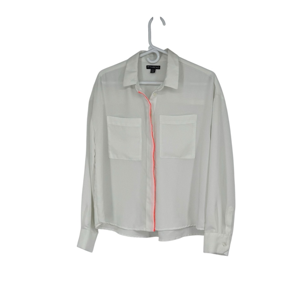 EnThread Size Medium White Polyester Button Front Blouse with Neon Orange Trim